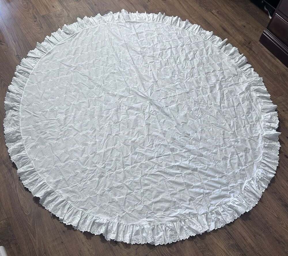 Vintage White Embroidered Cotton Round TableclothRuffled Eyelet Border